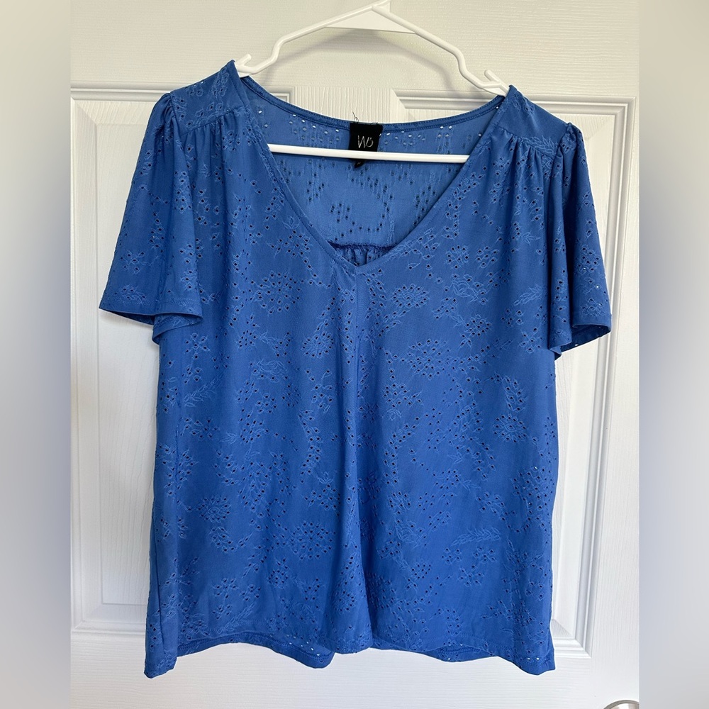 Anthropologie Blue Eyelet V-Neck Short Sleeve Blouse